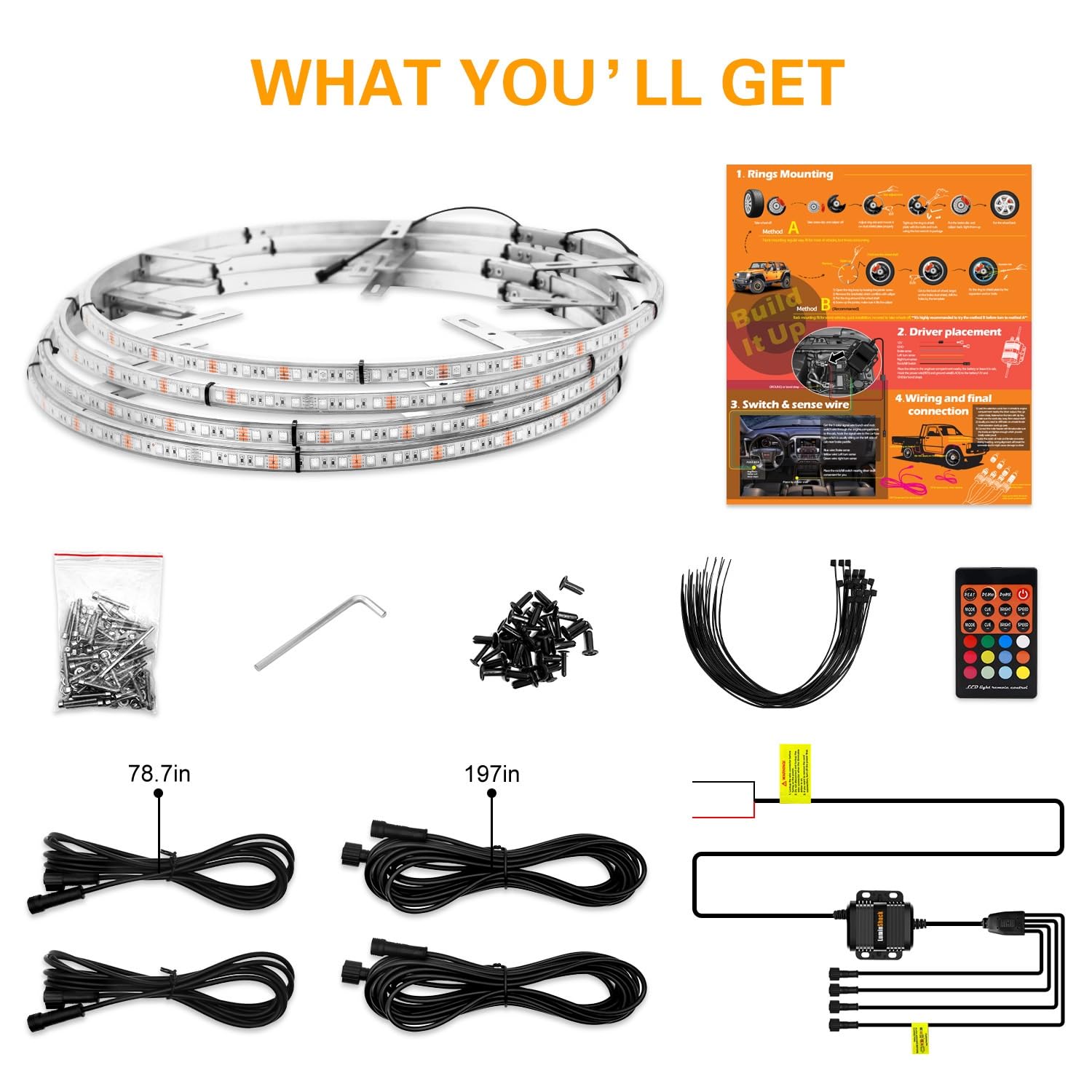 LED-Radringlicht, Blinker-/Rückfahrsignal und Bremsfunktion, wasserdichte APP-/Fernbedienung, Felgenlichter, Reifenlichter, 15,5-Zoll-LEDs-Radringlicht-Set for LKW, PKW, SUV, Wagen, 4 Stück
