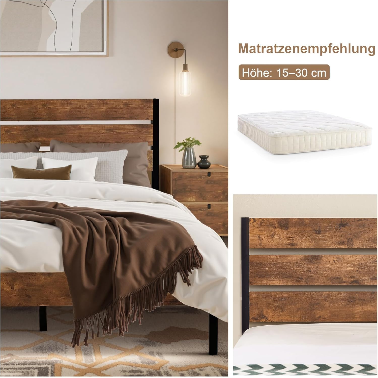 VECELO Bettgestell 140 x 200 cm Metallbett mit Dick Holzkopfteil, Bett Bettrahmen Doppelbett mit Lattenrost, Jugendbett Gästebett, Viel Stauraum unter dem Bett, perfekt für Schlafzimmer, Braun