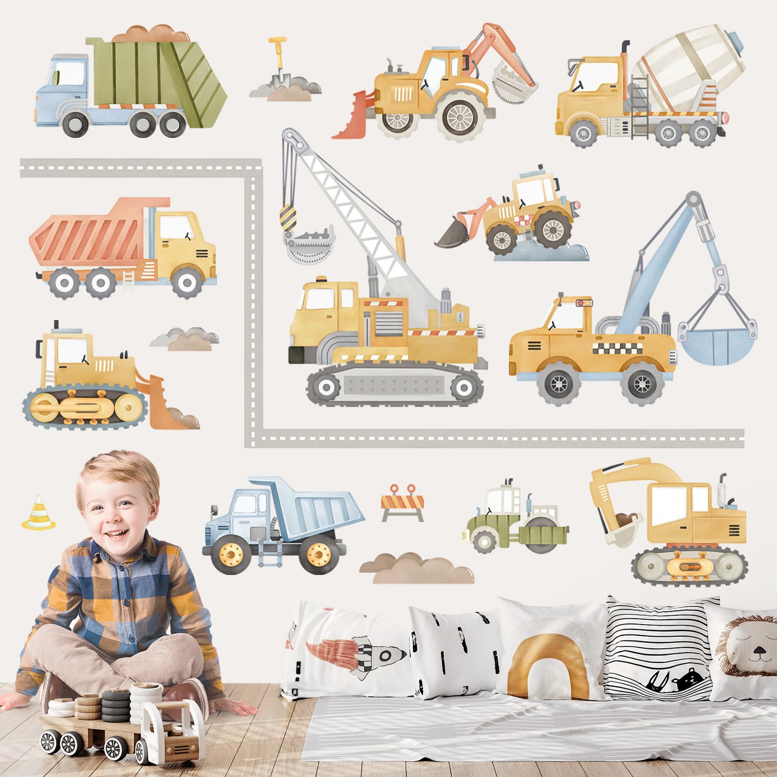 wondever Watercolor Construction Vehicles Wall Stickers Tractor Excavator Crane Peel and Stick Wall Art Decals for Kids Bedroom Boys Room Playroom - Image 3
