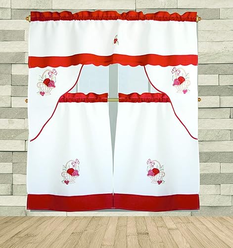 B&H Home Glory - Juego de tratamiento para ventanas de cortina de cocina de 3 piezas con bordados florales