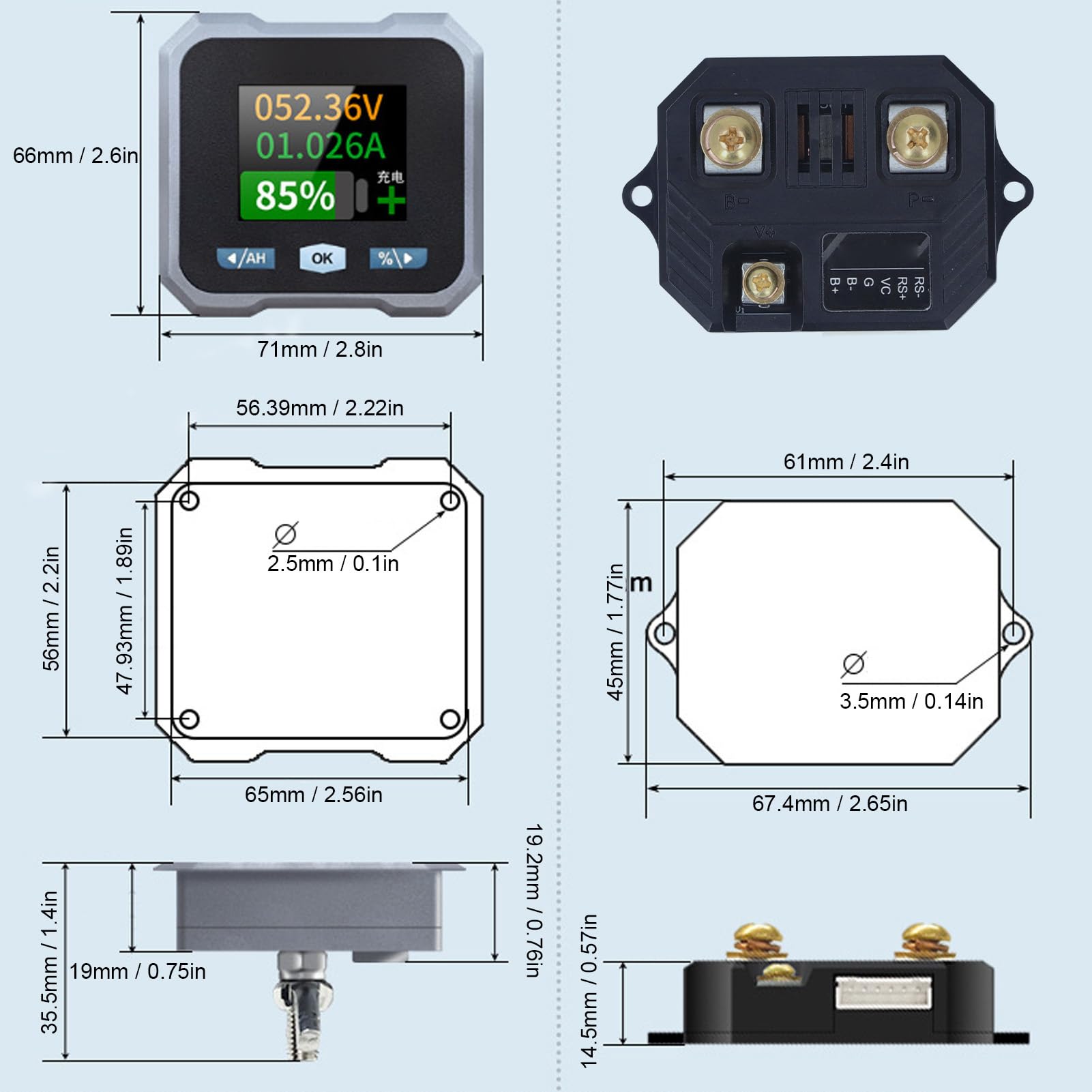 FTVOGUE Monitor Batteria Intelligente per e Barche Display LCD a Colori Tester di Tensione 50A Monitor Batteria da 10 a 100 V