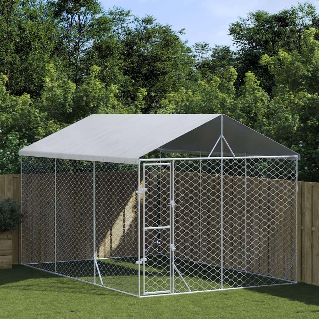 GOLINPEILO Outdoor Dog Kennel with Roof, Metal Dog Playpen with Door, Outdoor Wire Mesh Pet Fence for Puppy Chicken Rabbit and Duck, Silver 9.8'x14.8'x8.2' Galvanized Steel,-481