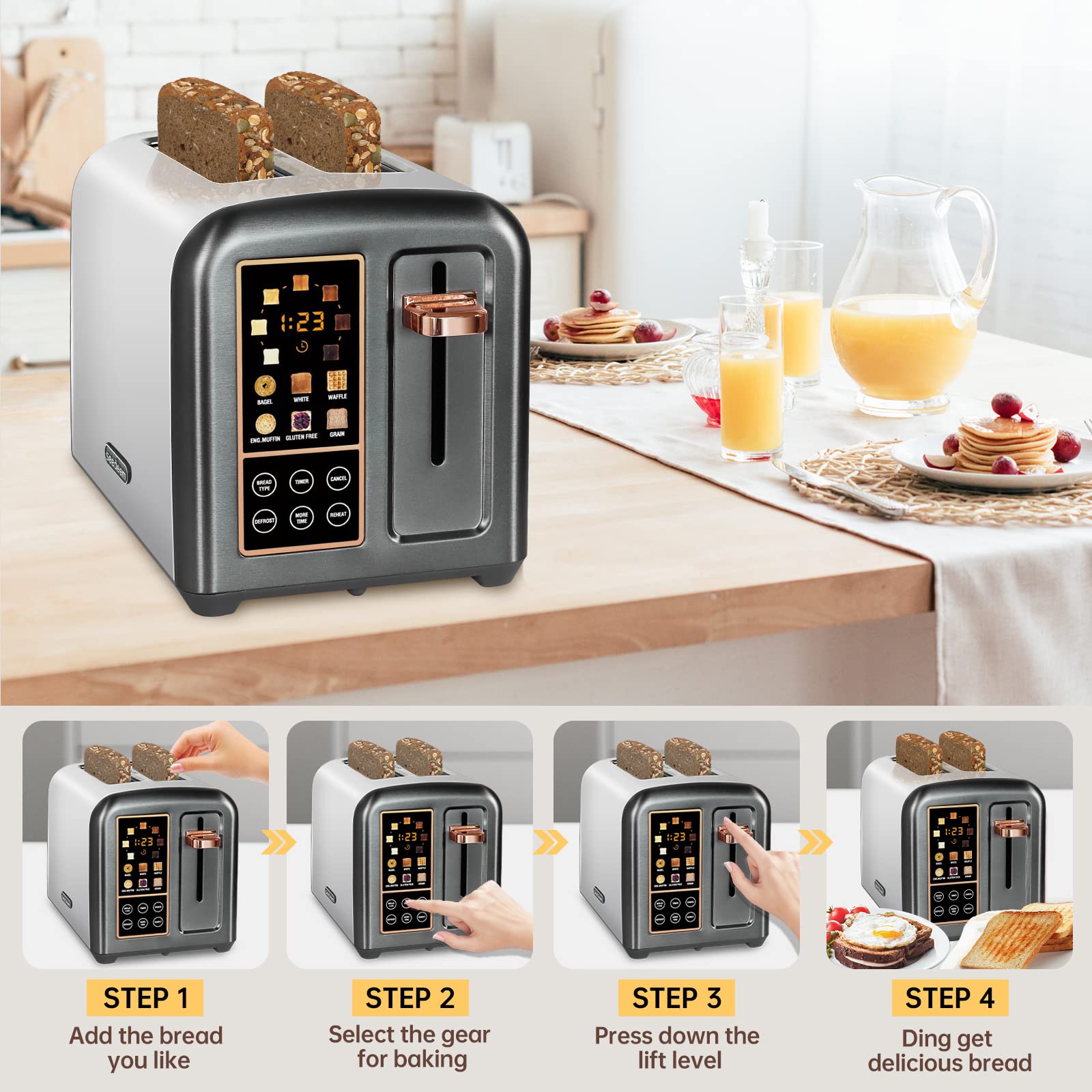 SEEDEEM Toaster 2 Slice, Stainless Steel Bread Toaster with LCD Display and Touch Buttons, 50% Faster Heating Speed, 6 Bread Selection, 7 Shade Settings, 1.5''Wide Slots Toaster with Cancel/Defrost/Reheat Functions, Removable Crumb Tray, 1350W, Dark Metallic
