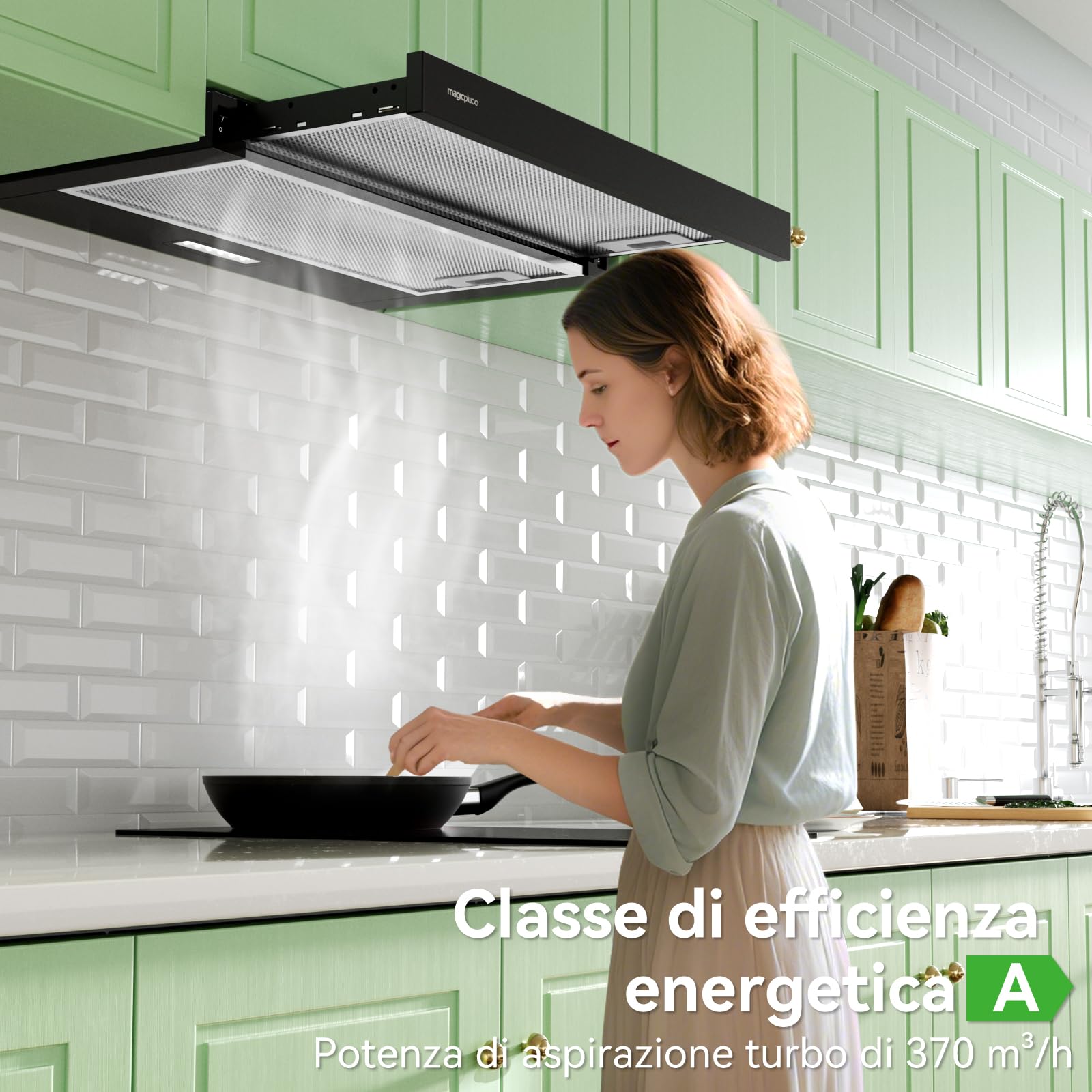 magicplux Cappa aspirante Telescopica 60 cm Nero – 370 m³/h, Classe A, LED, 60/65 dB, Estrazione/Ricircolo, Filtro al Carbone Incluso