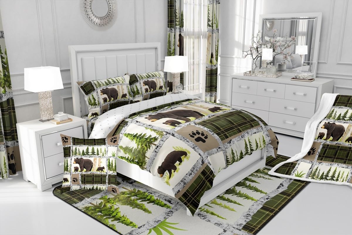 Feelyou Kids Adult Rustic Cabin Comforter Set,Rustic Bear Bedding Set King Size,Forest Wild Animals Comforter,Farmhouse Patchwork White Green Plaid Lodge Bed Set