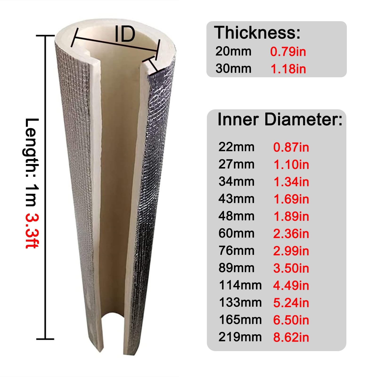 Piankowe otuliny izolacyjne do rur, Izolacja rur z folii aluminiowej przeciw zamarzaniu 22-219mm ID 20/30mm grubości(219mm,30mm*1m)