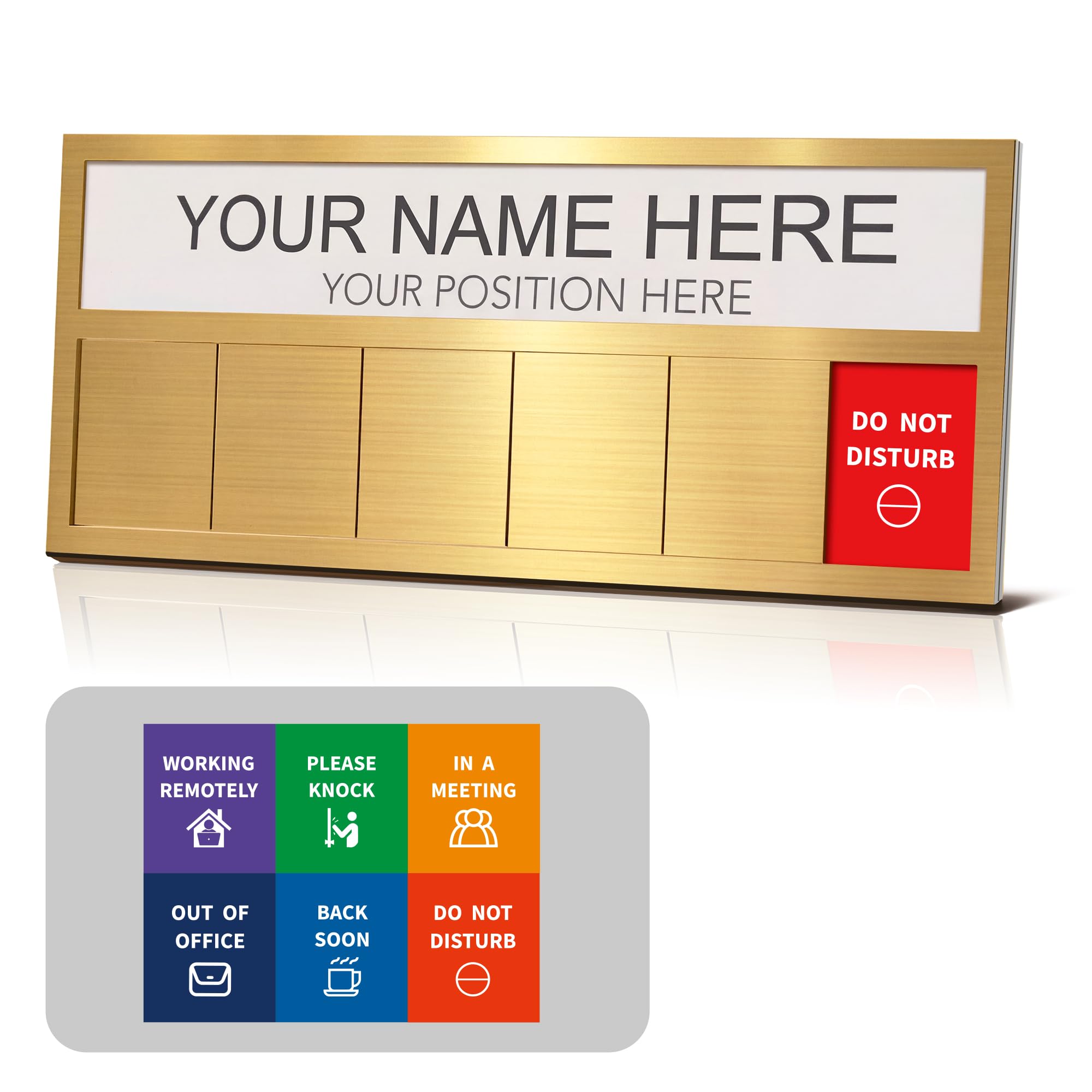 Name Plate for Desk& Office Door Sign, 6 Options Do Not Disturb, In A Meeting, Out of Office, Working Remotely, Please Knock, Stick or Stand with Desk Name Plate, Brushed Gold