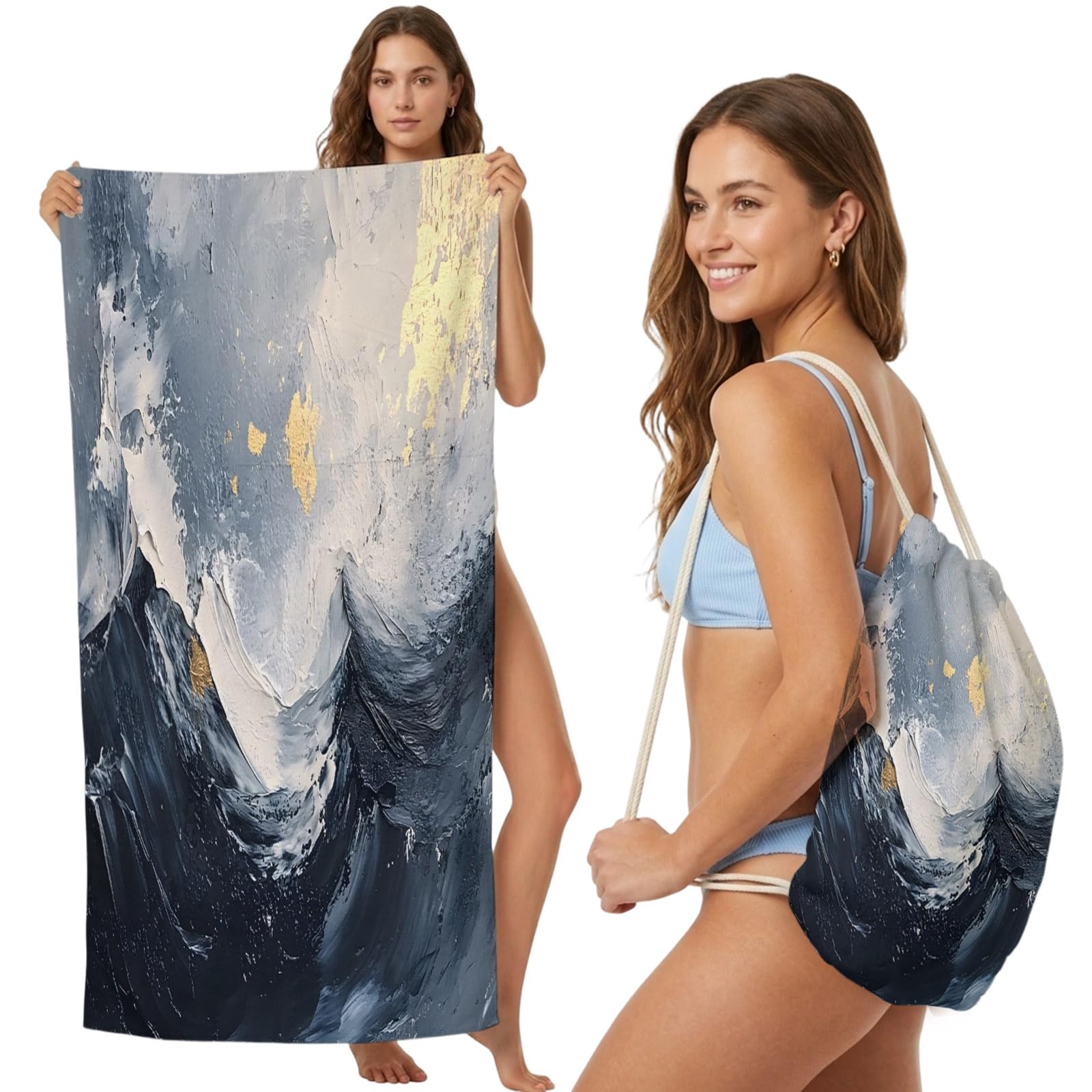 FWJZDSP Beach Towel Backpack Convertible Black Ocean Wave Sand Free Quick Dry Towel Bag Abstract Art Beach Towel with Adjustable Straps for Travel Swimming Pool Beach Accessories 31.5x63in
