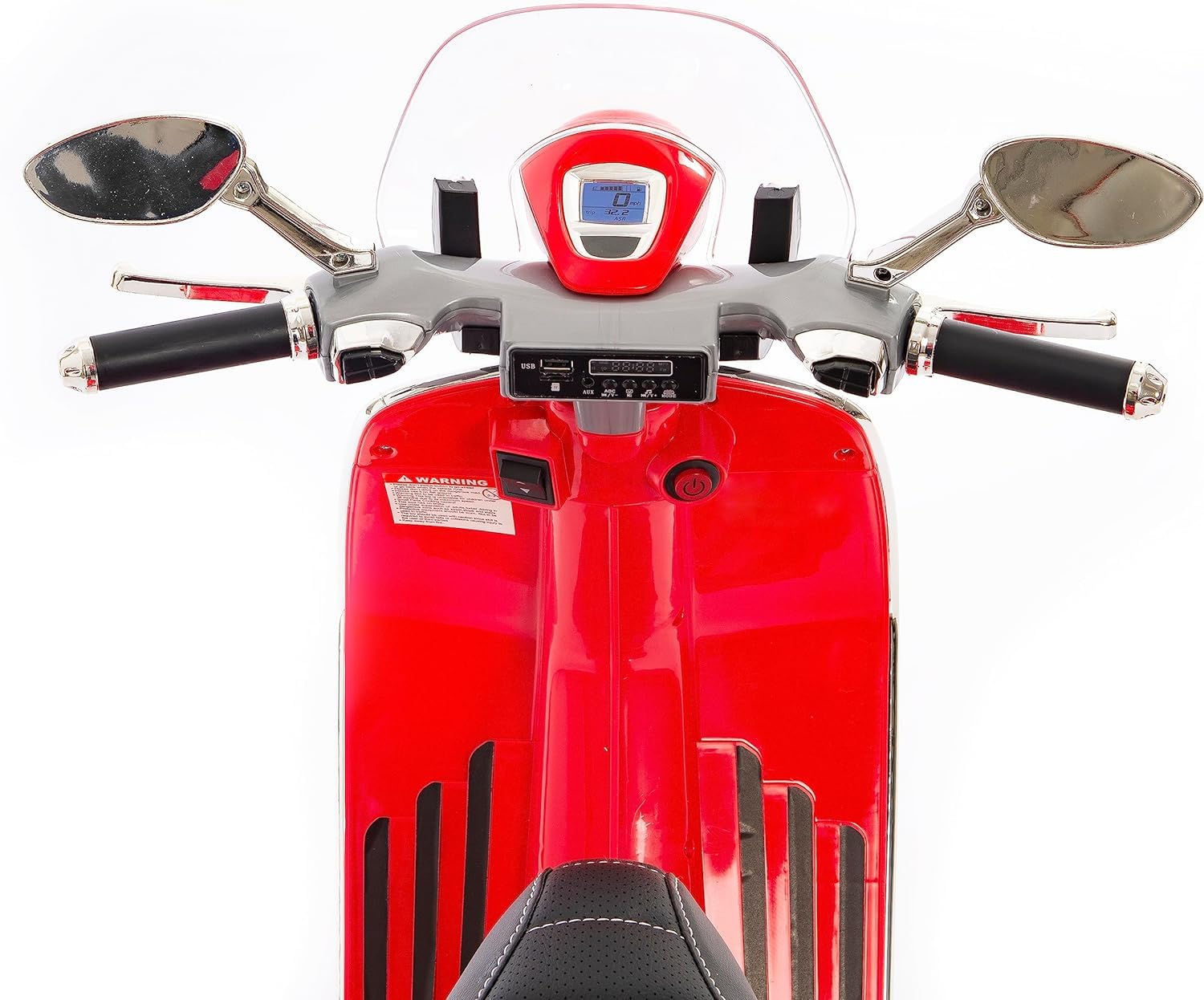 BabyCar Vespa Electrique Enfants | Moto Electrique Enfants 12V Style Vespa 946 avec Lumières, Sons Intégrés, MP3/USB et Roues Stabilisateur | 2 Moteurs de 25W avec Accélérateur à Pédale | Rouge