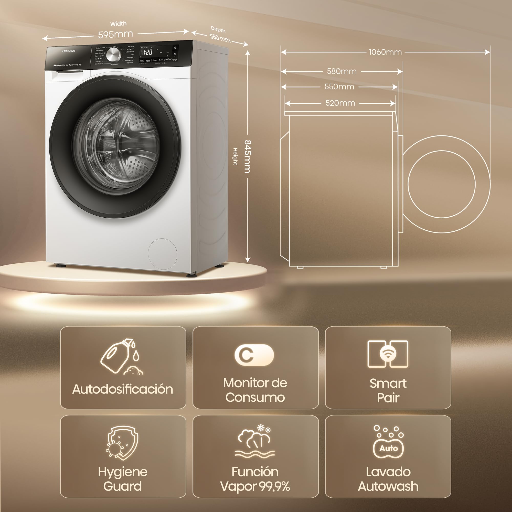 Hisense WF3S9045BW3 - Lavadora con Vapor, Clase A, 9kg, Auto Dosificación, Conectividad WiFi, Función Vapor 99,9%, Lavado Auto Wash, Lavado Rápido 15', PureJet, Blanco
