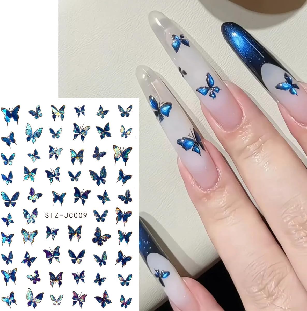 Butterfly Nail Art Stickers, Blue Purple Pink, 6 Sheets with Nail Tweezers, French Flower Butterfly Nail Charms Wing 3D Glitter Stickers for Nail Decoration
