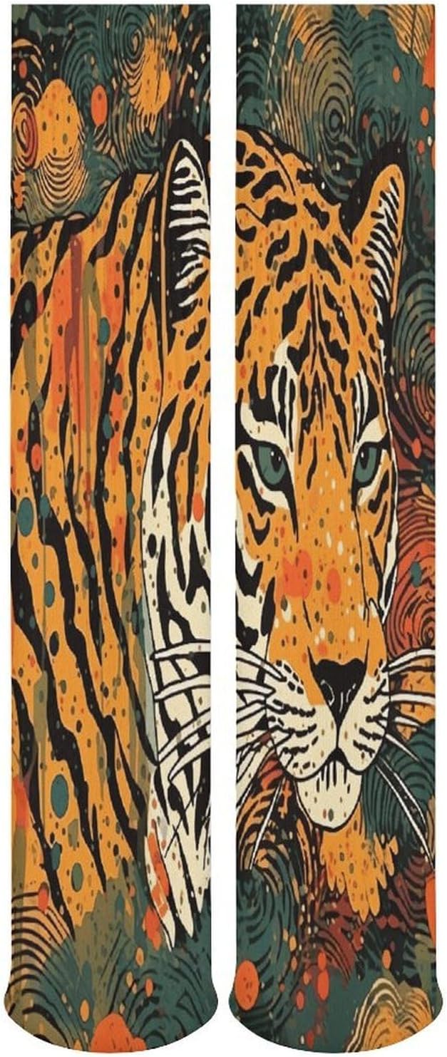Tiger Botanical Print Knee High Socks Cozy Knee High Socks Soft Mid-Length Sock for All Seasons Daily Wear Adult