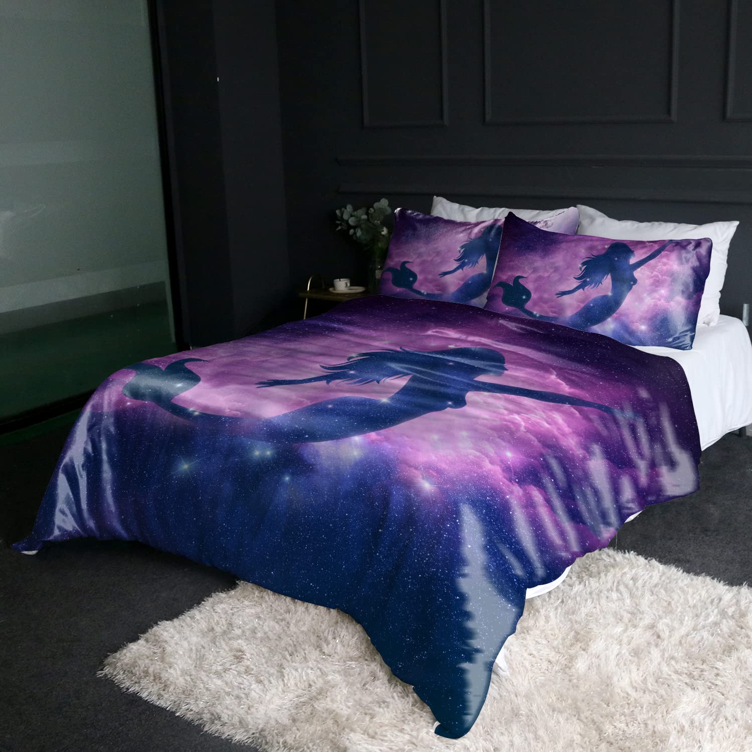 BlessLiving Mermaid Satin Bed Set Double Size for Little Girls - Galaxy Silk-Like Comforter Cover 3 Piece Psychedelic Space Duvet Cover and Pillow Cases (Pink Purple Blue)
