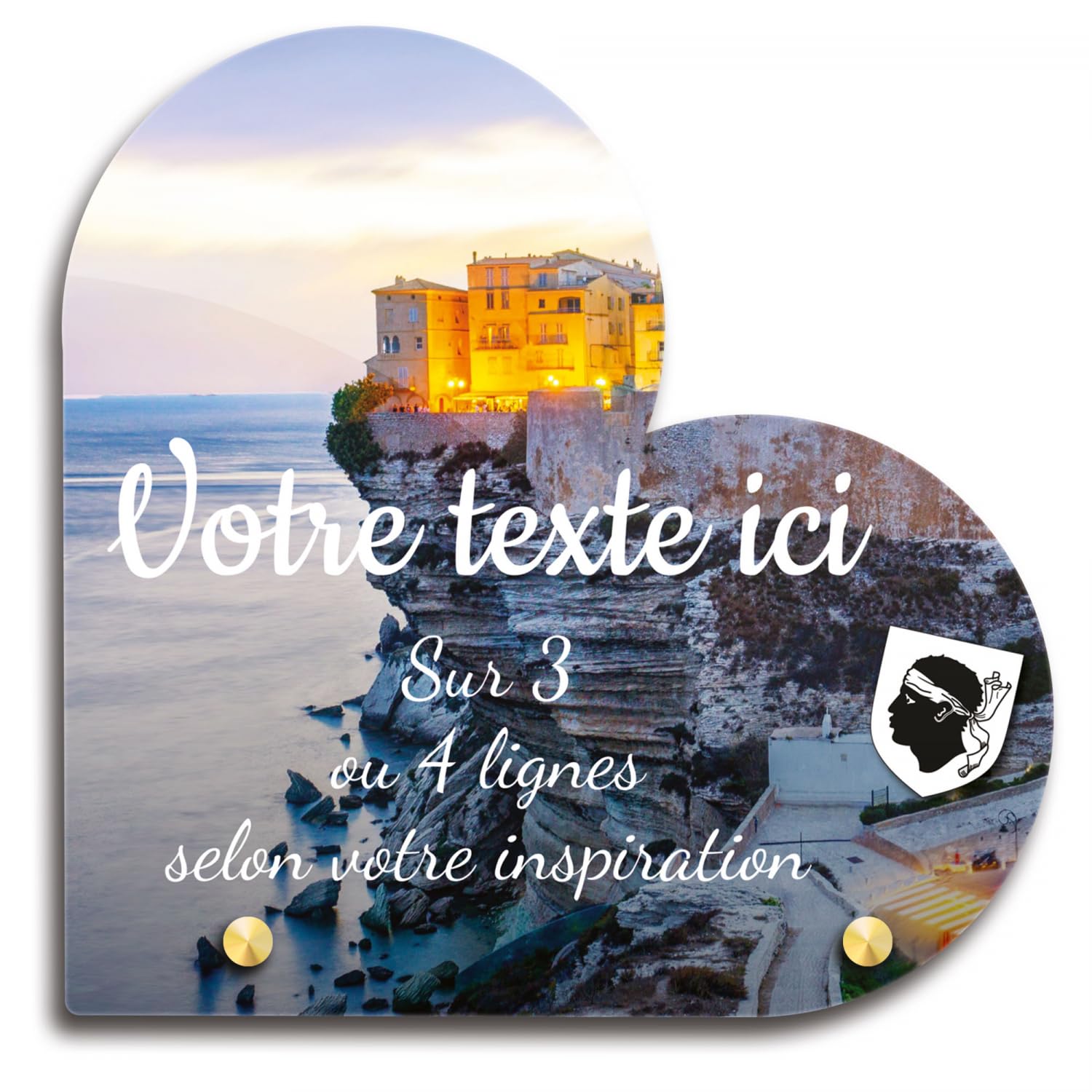 Placa funeraria Corazón personalizable en plexi con diseño regional de Córcega Bonifacio, varios tamaños, grosor 6 mm, personalizado en varias líneas 20x20 cm