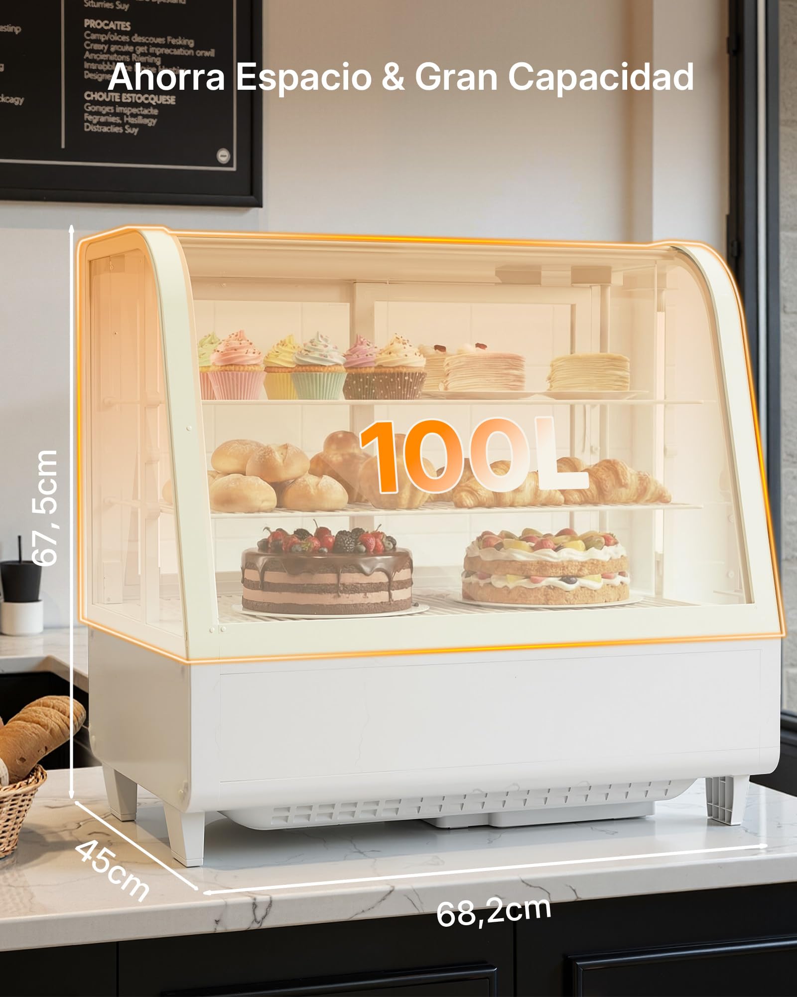 Upstreman Vitrina Refrigeradora 100L con Iluminación LED, Control Digital de Temperatura 2-10°C, 2 Estantes Ajustables, para Cafetería, Panadería y Pastelería, CD101 Blanco