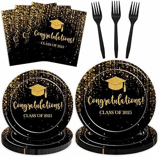 96 Pcs Class of 2025 Graduation Party Tableware Set Black Gold Glitter Bokeh Congrats Grad Disposable Paper Plates and Napkins 2025 Graduation Prom Party Supplies for 24 Guests (Black Gold)