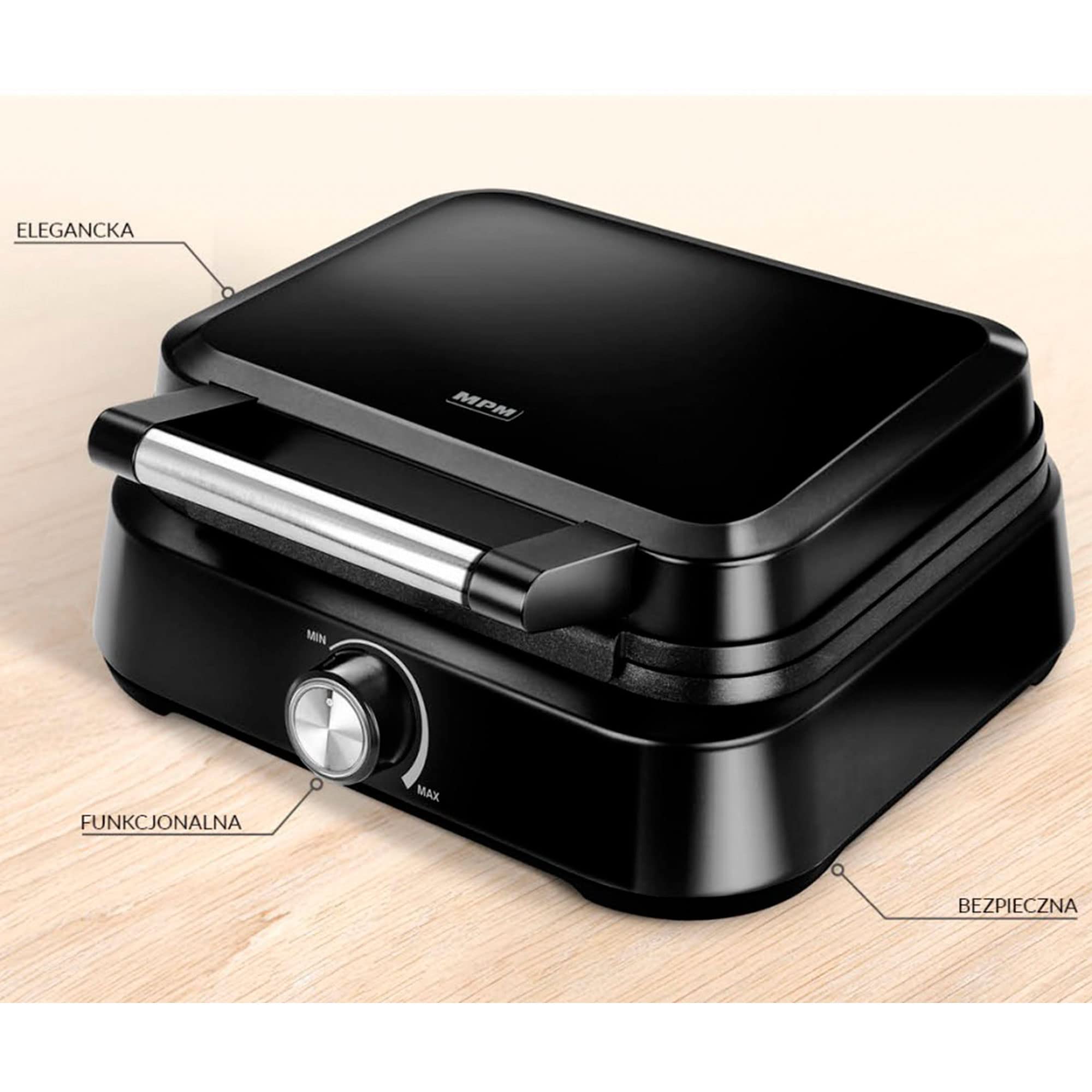 MPM MGO-40 Gofrera Profesional para 2 Gofres Belgas Gruesos, Placas Antiadherentes, Regulador de Temperatura, 1500W, Negro