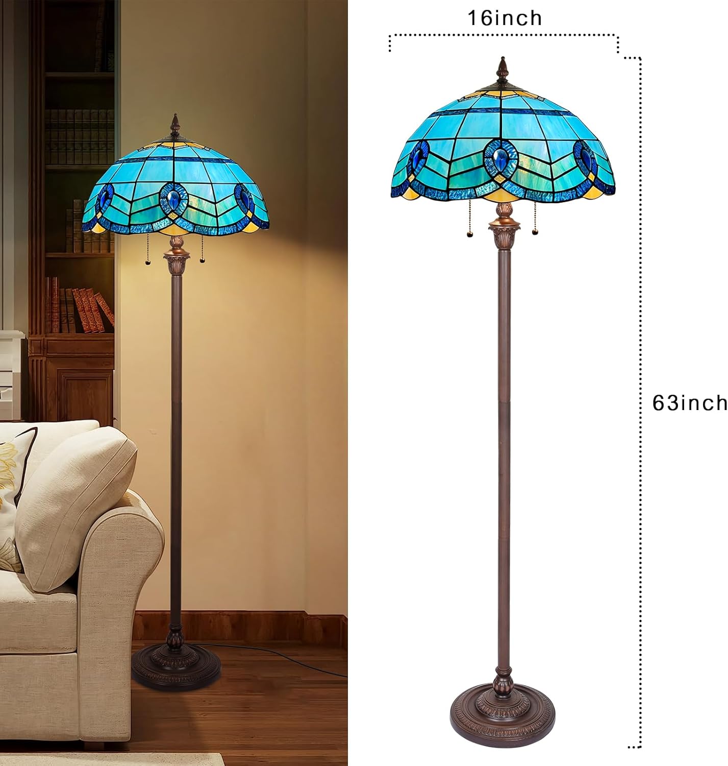 Capulina Tiffany Floor Lamp 2-Light 16X16X63 Inches Blue Sky Style Stained Glass Standing Reading Light for Living Room Bedroom Home Office