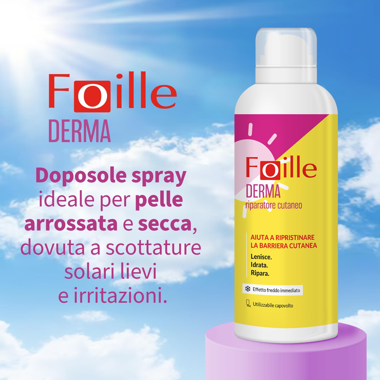 Foille Derma Spray Doposole Lenitivo con Aloe Vera, Pantenolo e Acido Ialuronico, Idratante e Rinfrescante per Pelle Scottata o Arrossata, Formula Senza Alcool, Assorbimento Rapido, 150 ml
