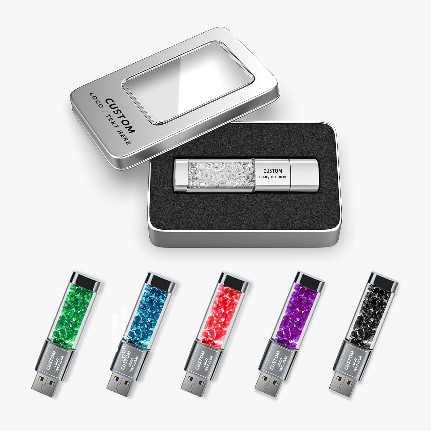 Custom USB Flash Drive with Company Logo, 50 Pack Crystal USB Memory Stick with Built-in LED Indicator, Perfect for Students & Businesses (2G,Without Box)