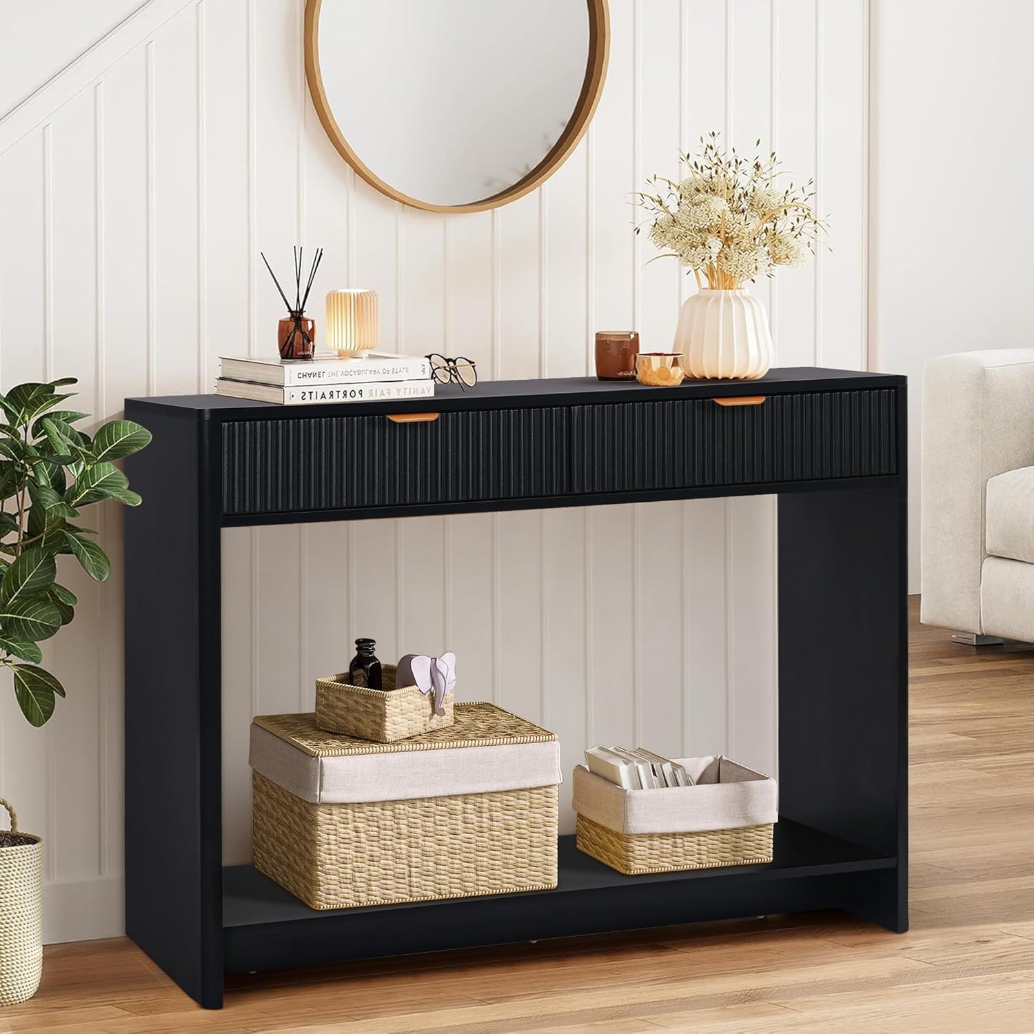 Moderner Flurschrank mit 2 Stauraumeinheiten und Einer hohlen Aufbewahrungsbank | 110 cm breiter Flurschrank, Eingangstisch mit Stauraum, Eingangsdekor (Schwarz)
