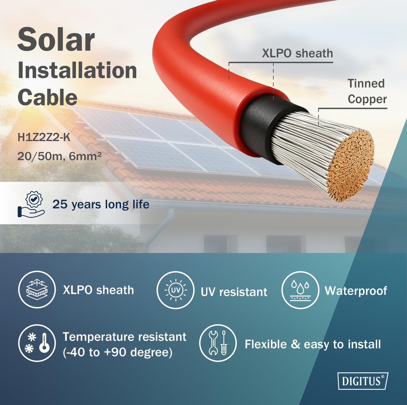 Digitus Solarkabel Installation 50m, 6mm? , Rot, PV-Kabel 1500v Dc, UV-Best?ndig & Wetterfest (dK-Scic6R-0500)