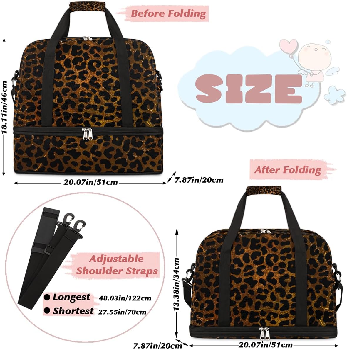 Leopard Print Gold Skin Large Weekender Overnight Bags Travel Duffel Bag for Women Men Gym Bag With Shoe Compartment Foldie Travel Tote Bag Carry On Personal Item Bag for Travel Gym Sports - Image 2