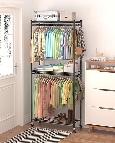 Vista 9 de Perchero de ropa de 33.0 x 12.2 x 79.5 pulgadas, con estantes y ruedas, armario multifuncional con ganchos, perchero de metal resistente para Negro