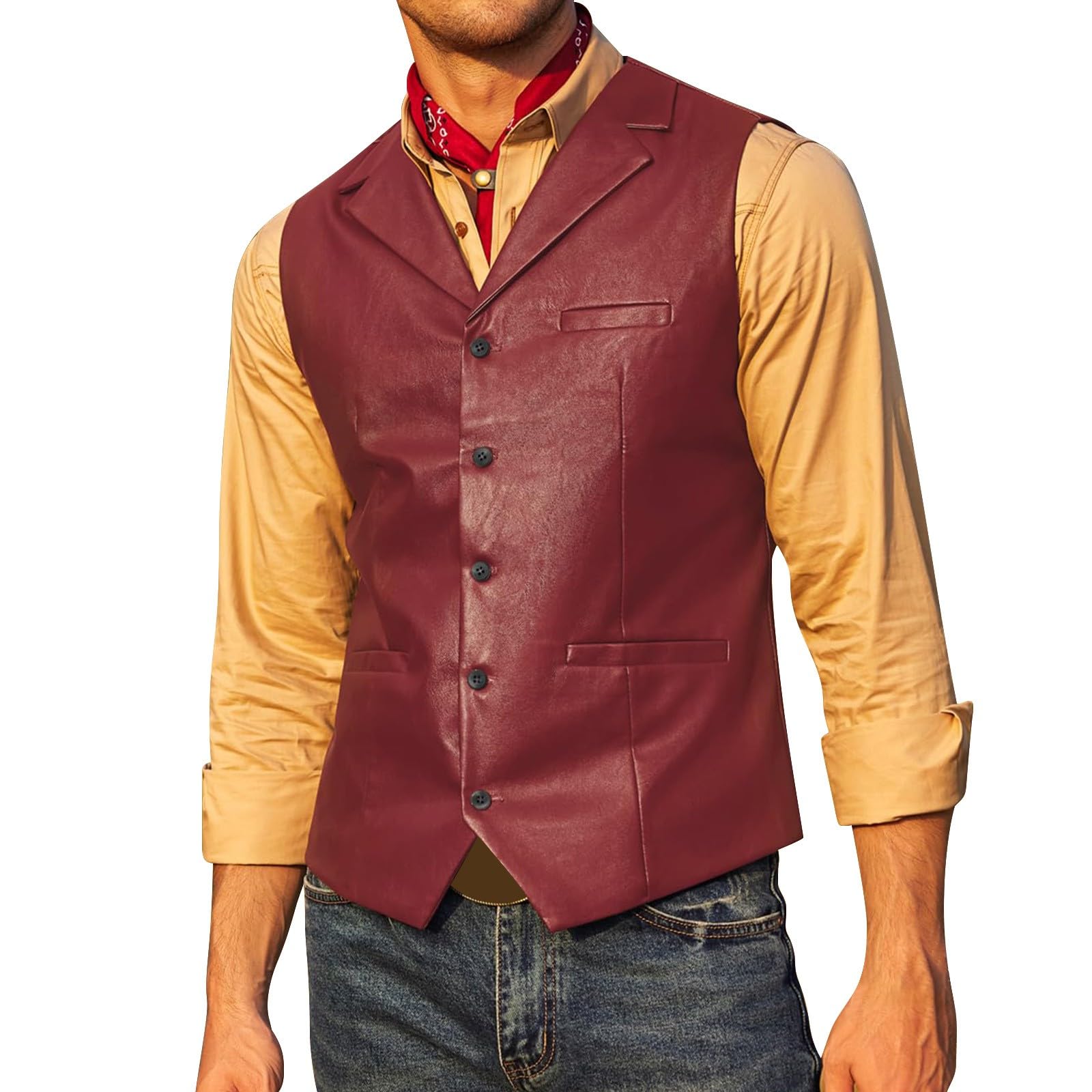Gilet vintage da uomo, elegante, in pelle, con risvolto, scollo a V, con bottoni, con molte tasche, da uomo, per feste formali