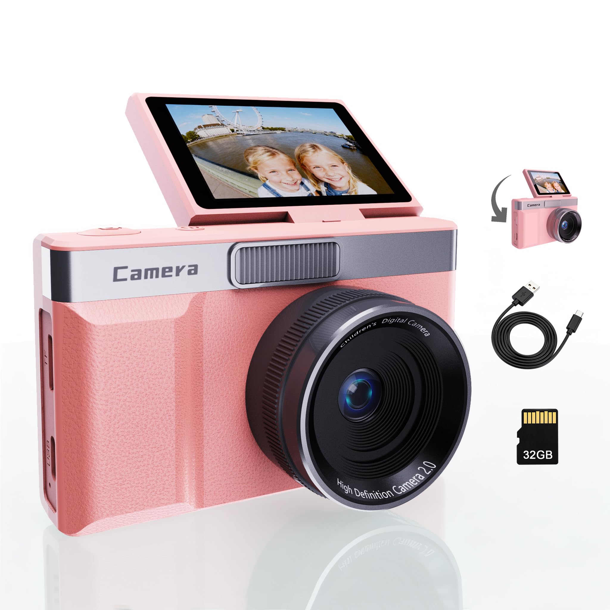Pink Digital Camera with 2" Flip Screen for Selfie, 1080P Point and Shoot Digital Camera with 32GB Card, 8X Zoom, Portable Vlogging Camera for Kids,
