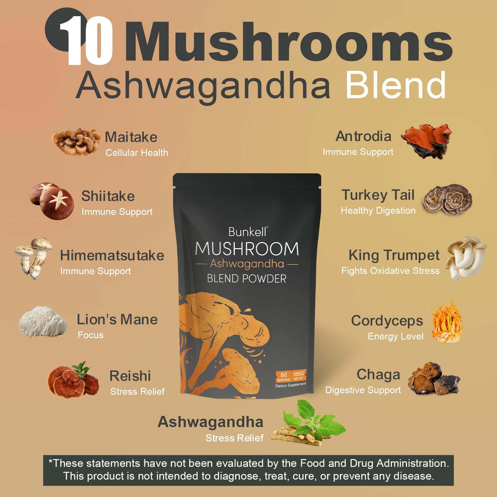 Ashwagandha Mushroom Powder, 10 Adaptogenic Mushrooms Complex, 80 Servings — Amazon image 3