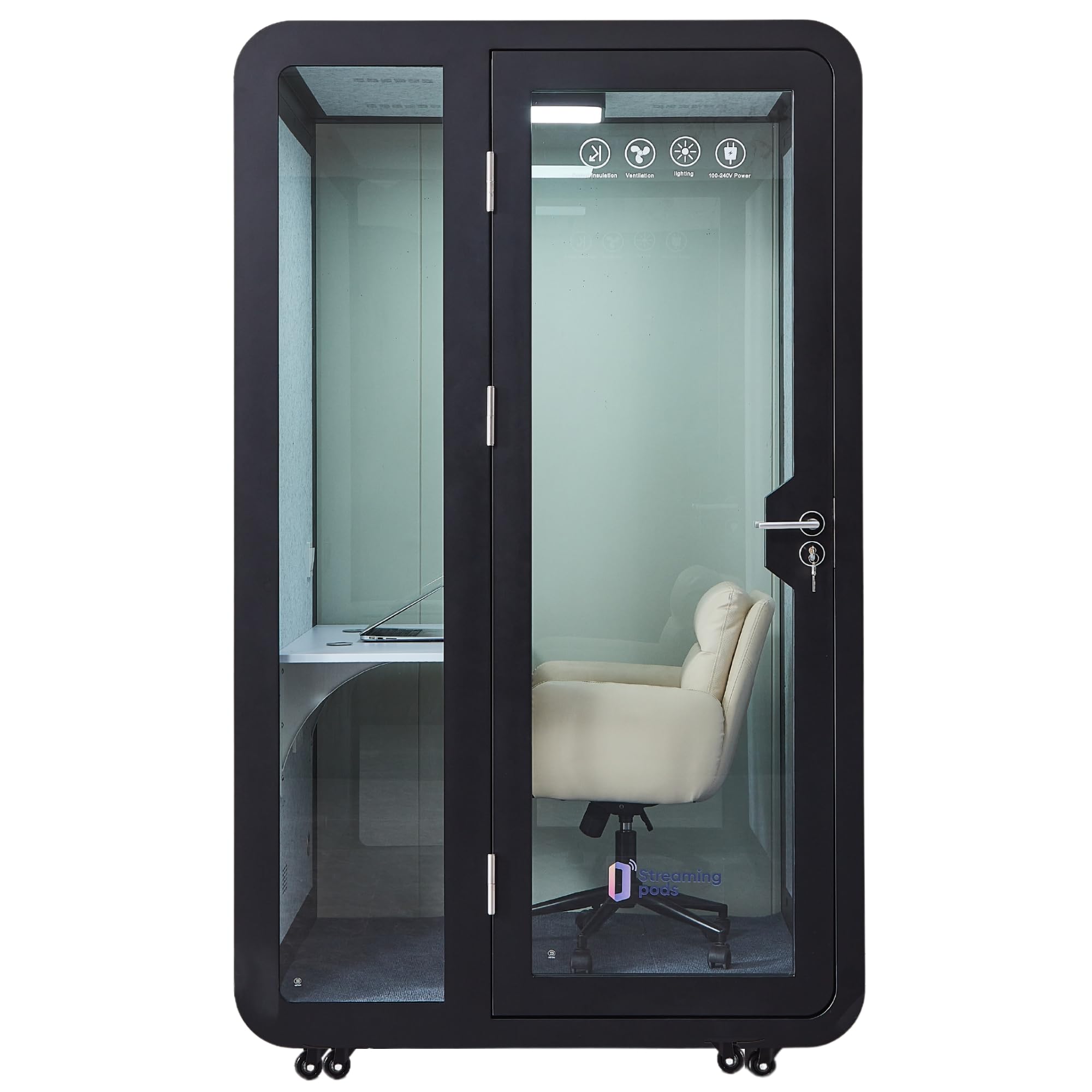 GEARONIC Mobile Office Pod Booth, Sound Proof Booth for Home, Mobile Roller with Desk, LED Light, Fans and AC USB Ports (Black Obsidian)
