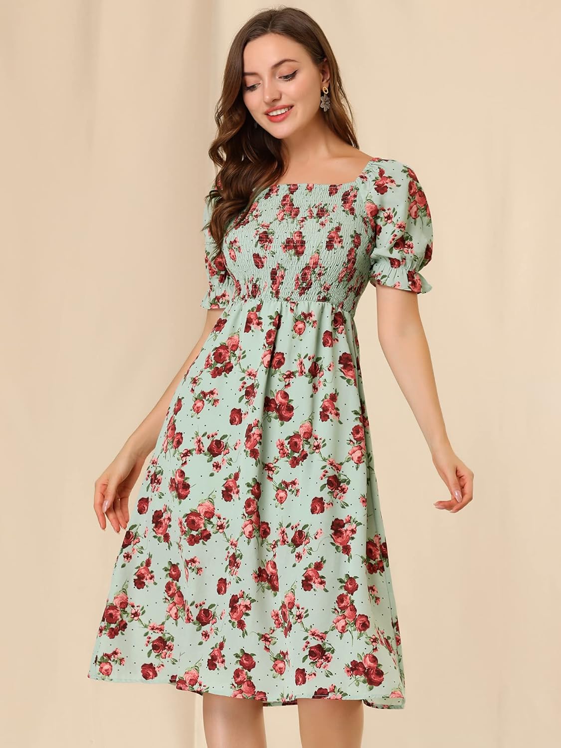 Allegra K Women's Cottagecore Floral Dress Puff Sleeves Smocked Midi Dresses - Image 2