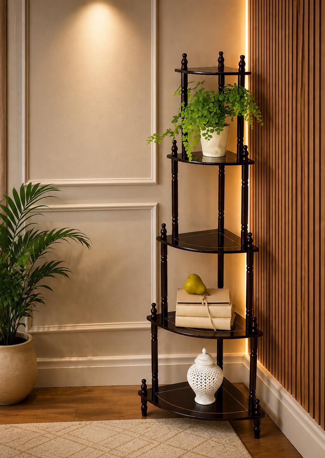 5 Tier Corner Rack in Engineered Wood, Freestanding Display Shelf for Living Room Bedroom Office, Space Saving Corner Storage Organizer for Books Plants Showpieces Photo Frames and Home Décor-picture-23
