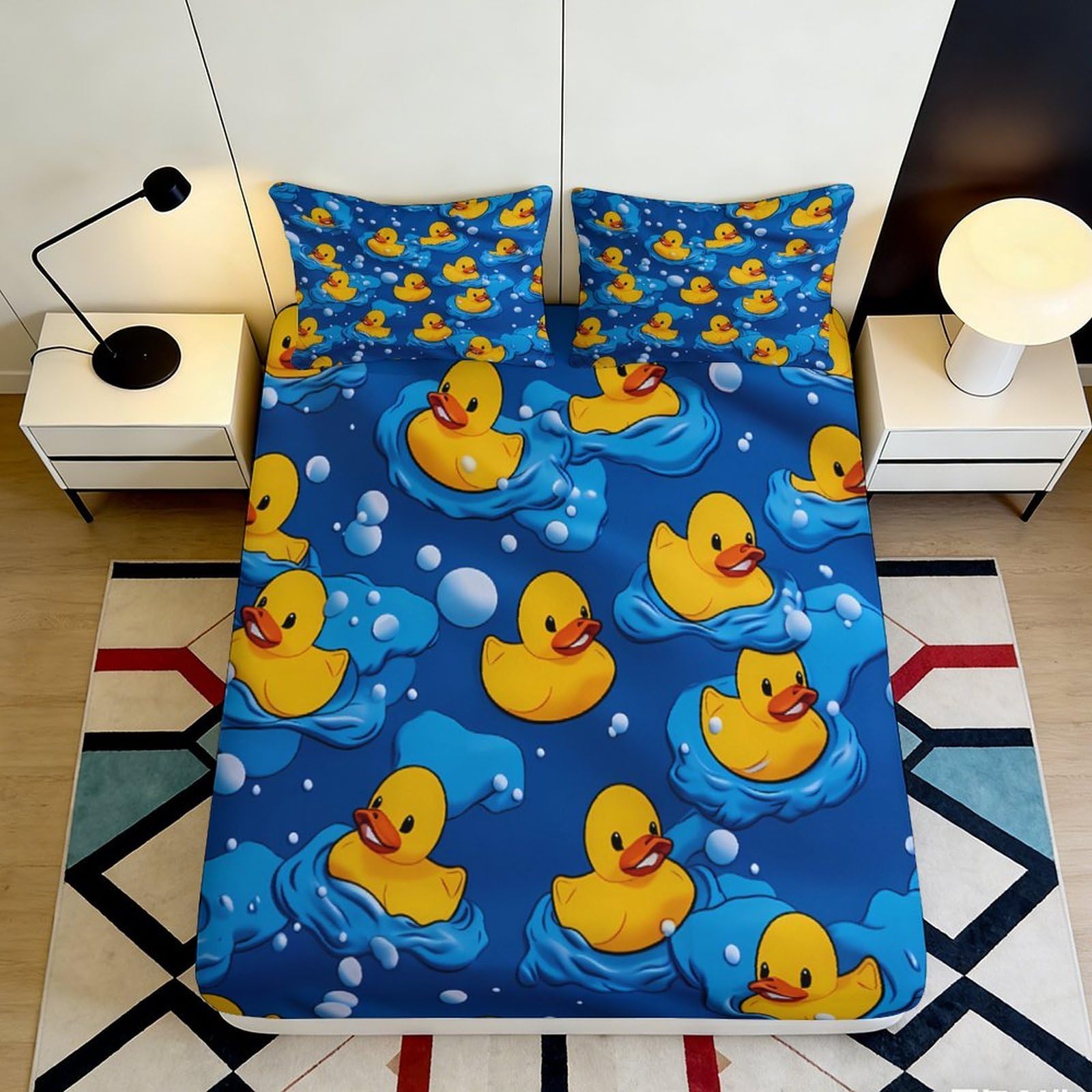 3D Printed Yellow Rubber Duck Fitted Sheet Microfiber Soft Durable Blue Bed Cover with Bubble Pattern Mattress Cover for Bedroom Dormitory Guest Room 120x200x25cm