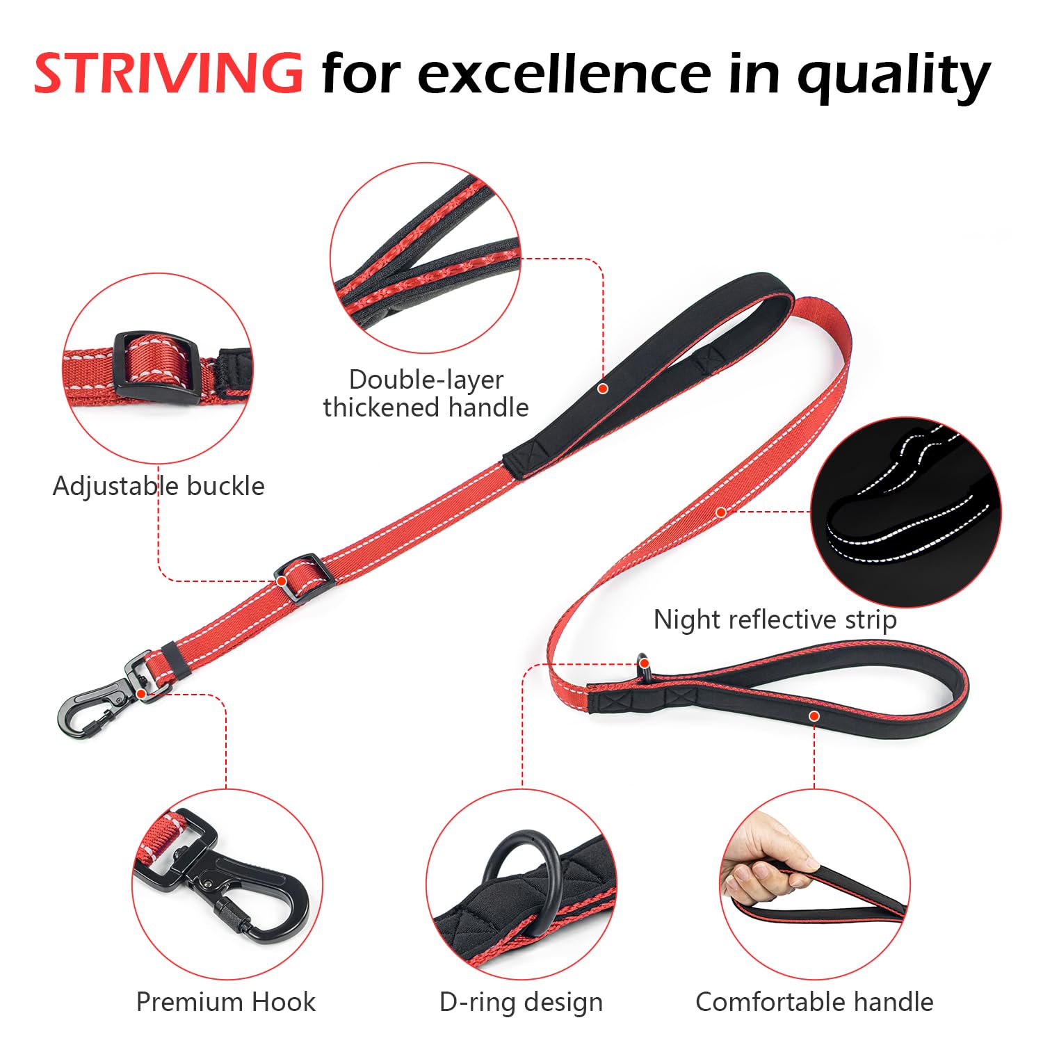 Reflective Double Handle Dog Leash for Large Dogs, Heavy Duty Adjustable Leash with Soft Padded Handles, Traffic Control Training Lead for Walking, Running (Burgundy, S) - 3