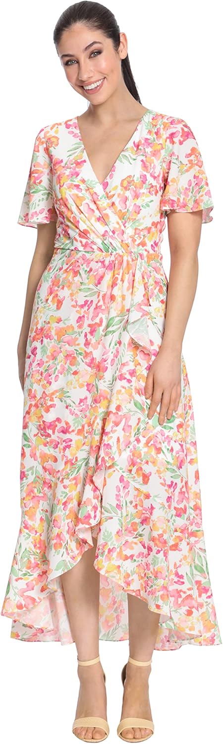 London Times Women's Short Flutter Sleeve Faux Wrap High-Low Maxi Dress with Cascading Flounce