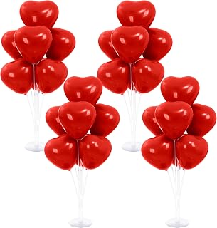 Hungdao 4 Sets Valentine Heart Balloon Stand Kit Red Balloon Table Centerpieces with Base Valentine‘s Day heart tables Decorations for Wedding Anniversary Romantic Night Party Table Top Decor