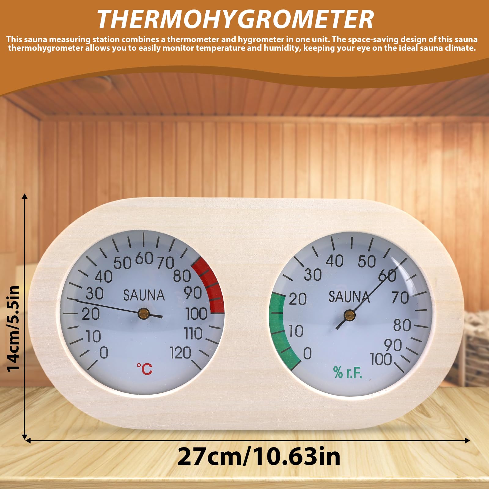 Madera Termohigrómetro de Sauna: Higrotermógrafo de Madera para Sauna 2 en 1, Termómetro e Higrómetro para Sauna, Sauna Accesorios para Sala de Vapor, Escala Precisa para Sala de Vapor