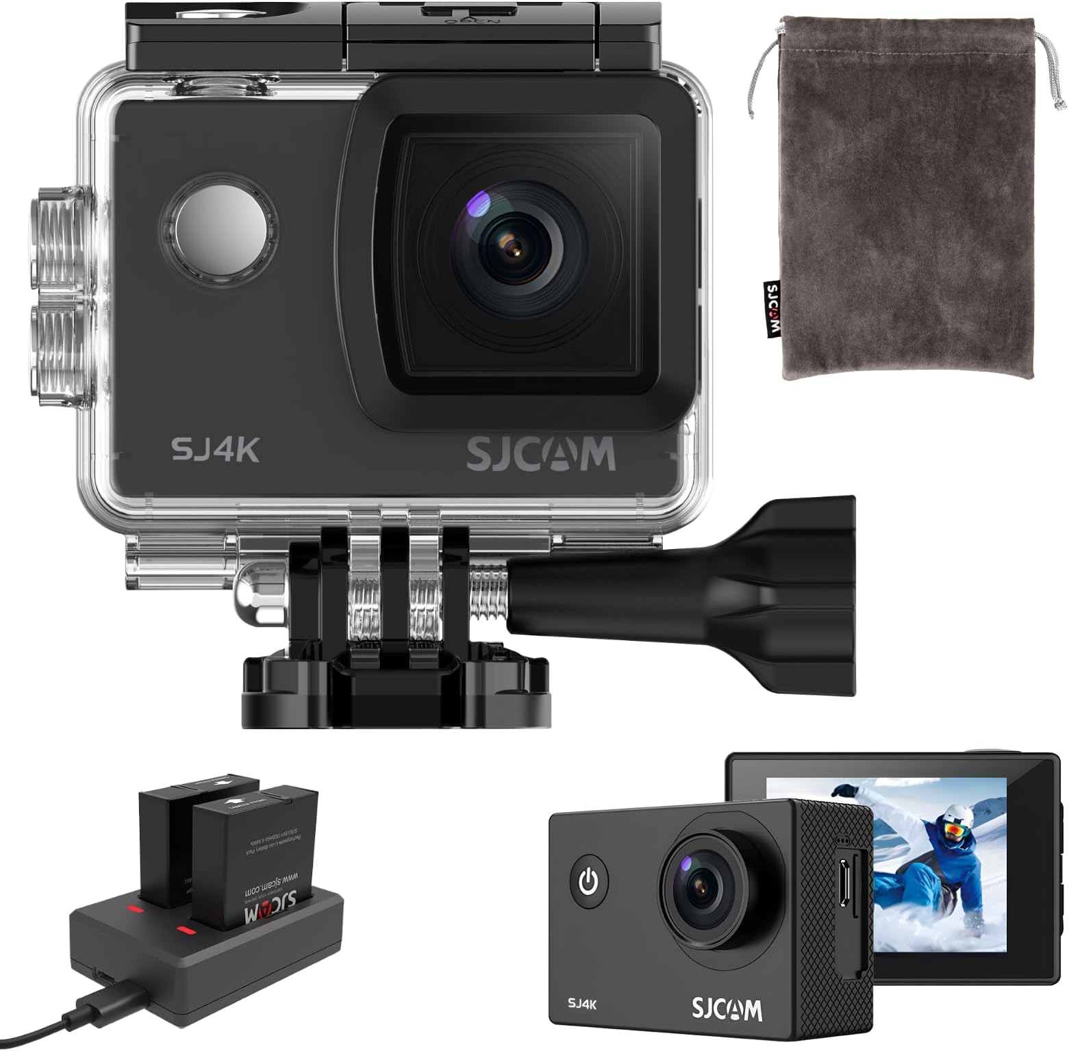 SJCAM SJ4K Action Camera, 4K Image Quality, 40MP Photos, Image Stabilization, Equipped WiFi, 170° Wide Angle, 5X Zoom, 144.4 ft (40 m) Waterproof Underwater Camera, WDR Function, 2 x Batteries, 120 Minutes, Lightweight, Convenient, Waterproof Case Included, Wide Variety of Accessories