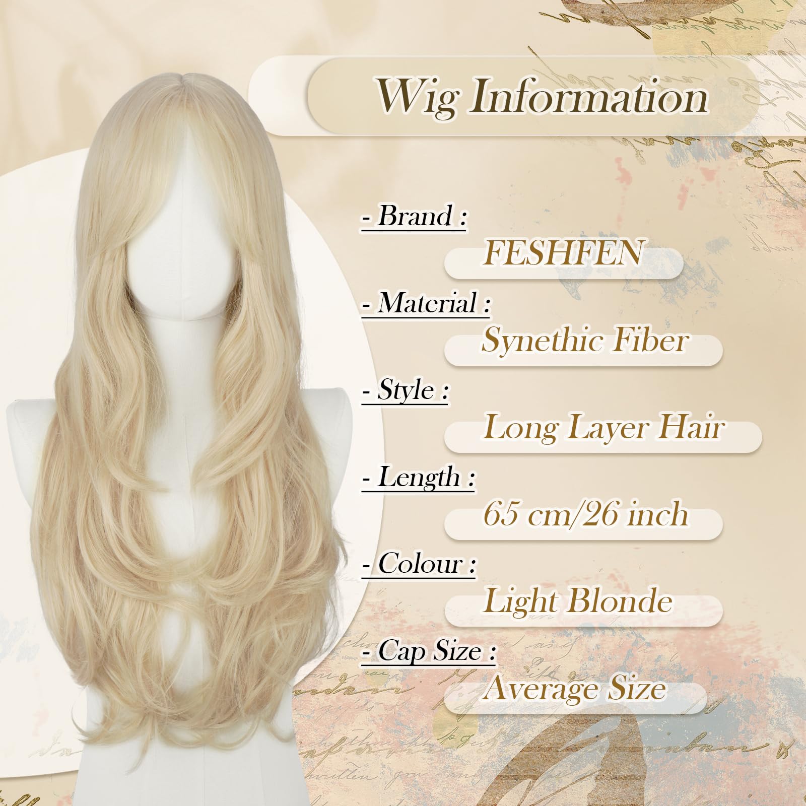 FESHFEN Perruque Longue pour Femmes Blond Platine Perruque avec Frange Dégradé Cheveux Naturelle Synthétique Résistante à la Chaleur Perruques Ondulé Utilisation Quotidienne Fêtes, 65 cm