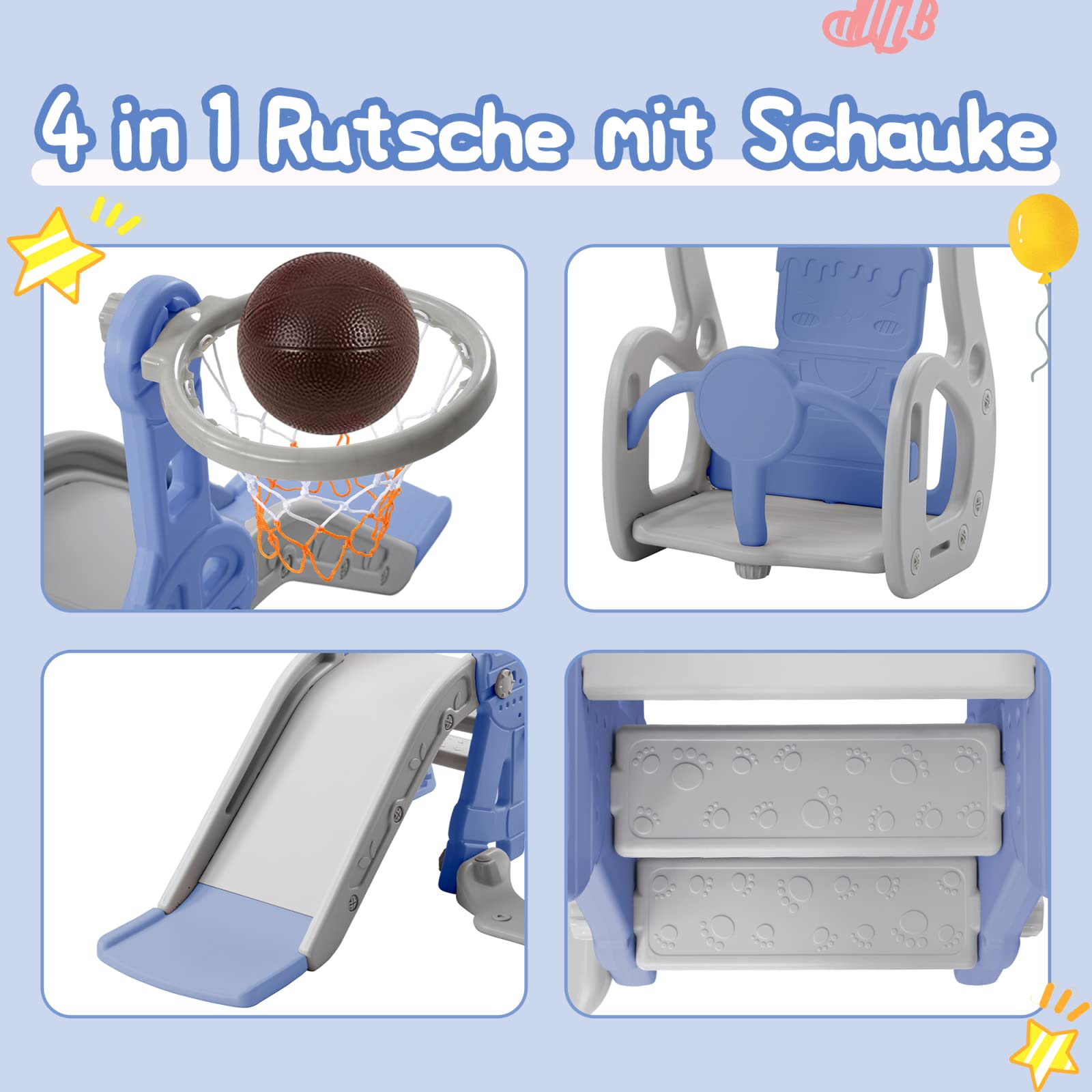 4-in-1 Rutsche für Babys und Kinder, Außenbereich, mit Schaukel, Treppe, Basketballkorb, freistehend (blau)