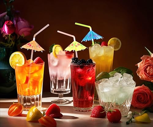 Miniatura 5 de Pajitas hawaianas para fiesta, 25 unidades, 9.45 pulgadas, colores surtidos, mini paraguas de papel, bebidas, jugo, cóctel, batido, pajitas de