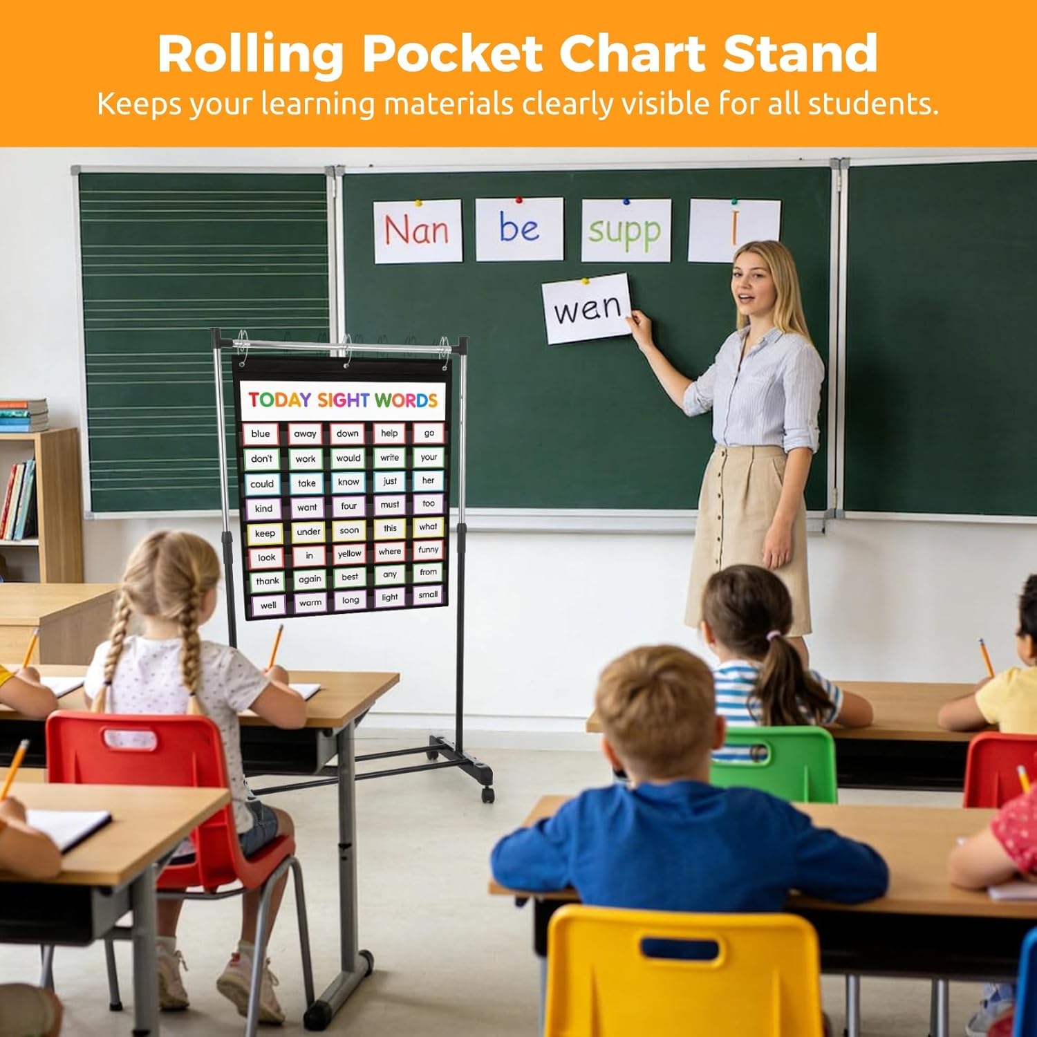 Adjustable Pocket Chart Stand, Rolling Pocket Chart Holder with Casters & 7 Rings, 35.75-63" Height, Teaching Supplies for Classroom Room Educational Tools