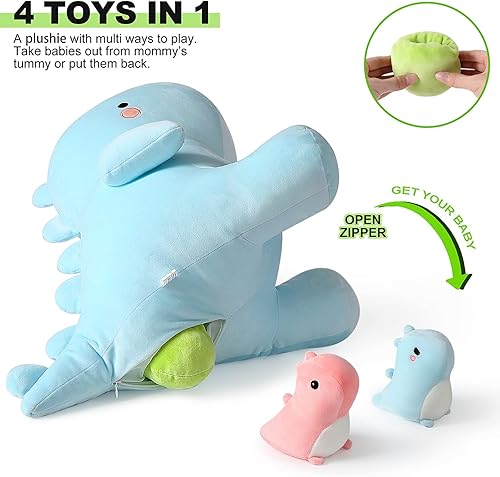 Miniatura 3 de Onsoyours Animal de peluche de dinosaurio con 3 dinosaurios en su barriga 4 piezas de lindos juguetes de almohada de dinosaurio para niños y niñas