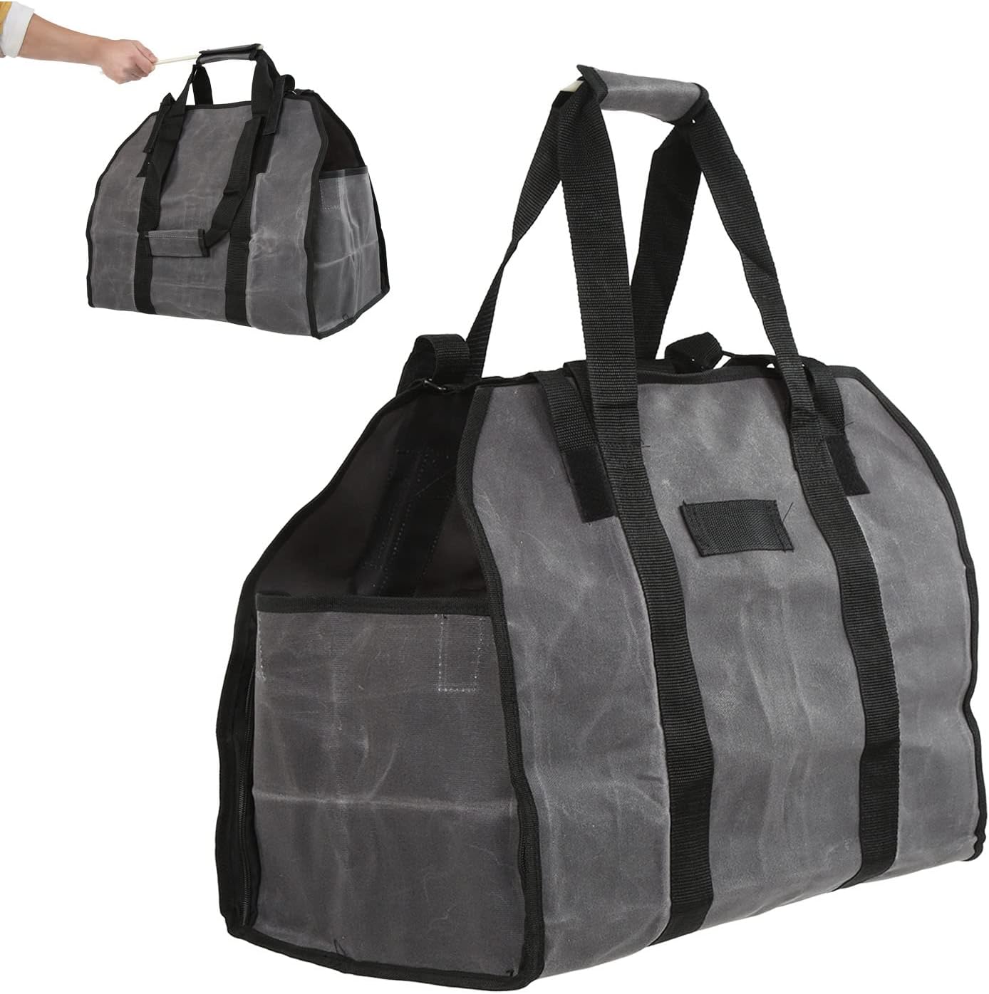 Firewood Carrier Bag | Large Waxed Canvas Log Carrier with Tool Straps | Water Shedding Wood Storage Bag for Fireplace/Camping/Garden | Portable & Sturdy