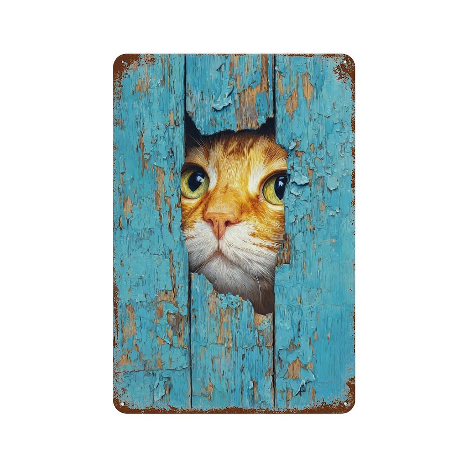 Garage Style Curious Cat Peeking Through Wooden Plank Vintage Metal Tin Sign 11.8"x7.9", Industrial Home Decor for Bar And Workshop