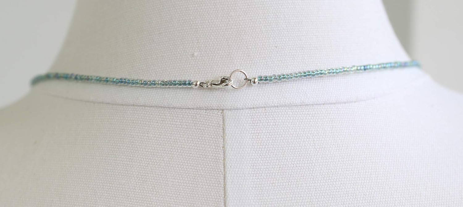 Handmade Blue Green Seed Bead Necklace, Thin 1.5mm Single Strand Sea Green Necklace