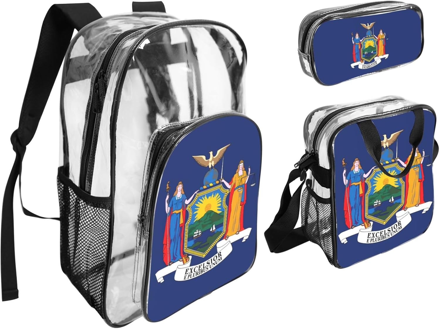 New York Flag Print Unisex Transparent Backpack Set Travel Outdoor With Clear 3-Piece Lunch Pen Case
