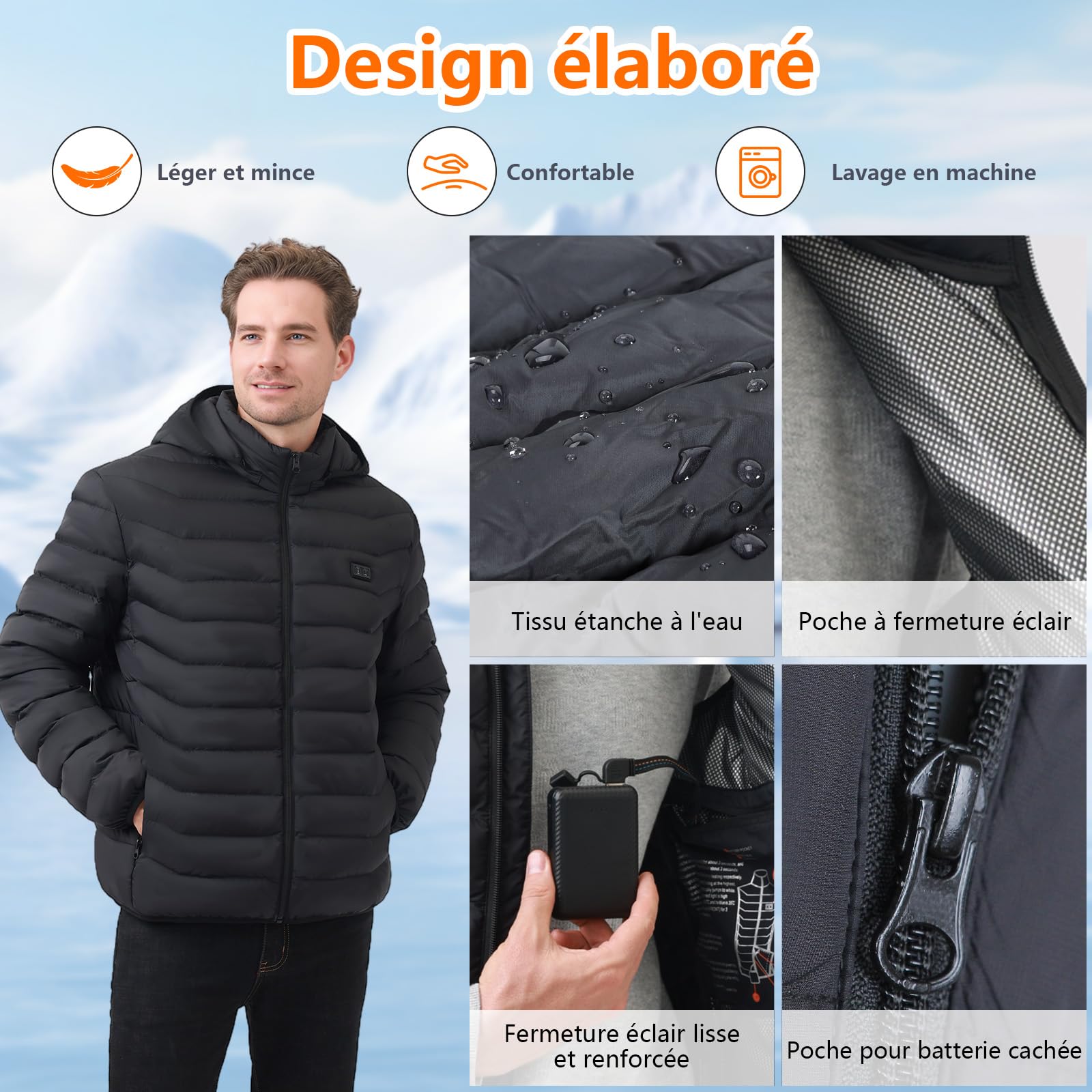 Veste Chauffante Homme et Femme - Blouson Chauffant USB Électrique avec Batterie 10000mAh, 5 Zones Chauffantes & 3 Niveaux de Température - Manteau Doudoune à Capuche pour Hiver et Moto